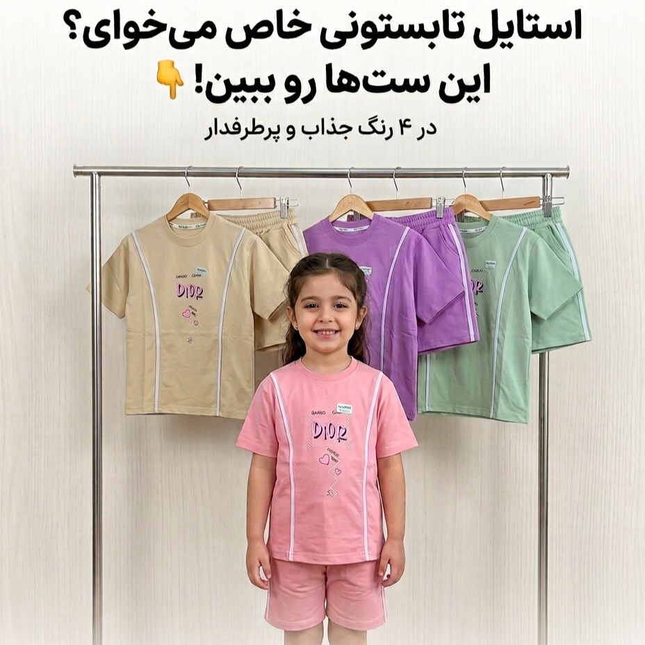 ست تیشرت و شلوارک تابستانی دخترانه با نواردوزی و قواره دار